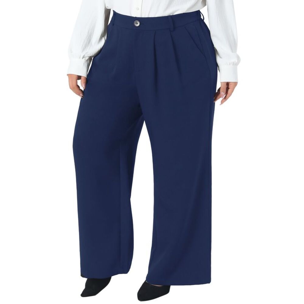 Women Plus Size High Waist Straight Leg Pockets Business Pants Navy Blue